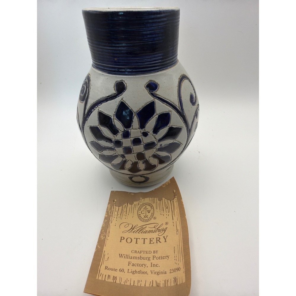 Williamsburg Pottery Salt Glaze Stoneware Pitcher Cobalt Blue Floral Grey Jug